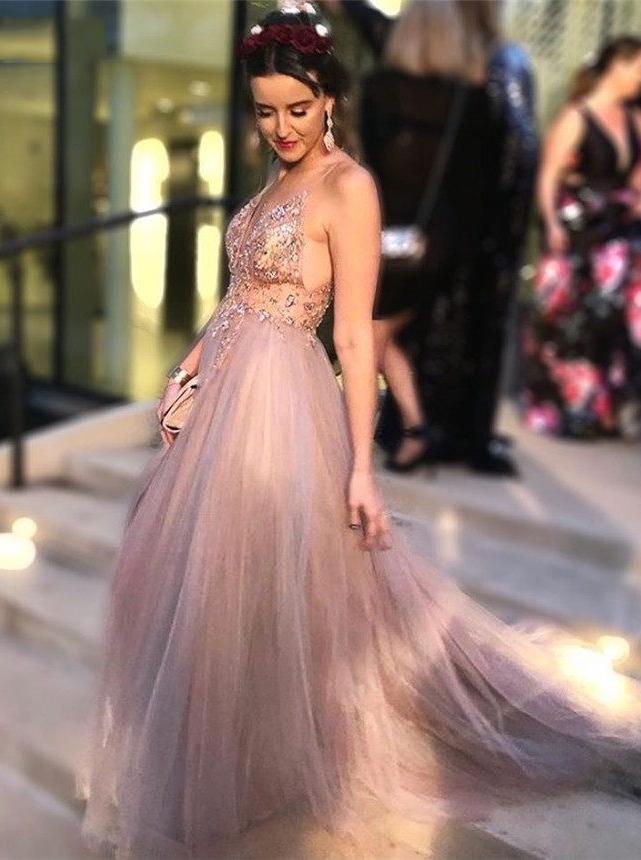 A-line V-Neck Sleeveless Prom Dresses Beading Tulle Evening Dresses MP05