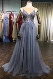 A-line V-Neck Sleeveless Prom Dresses Beading Tulle Evening Dresses MP05