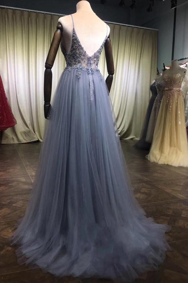 A-line V-Neck Sleeveless Prom Dresses Beading Tulle Evening Dresses MP05