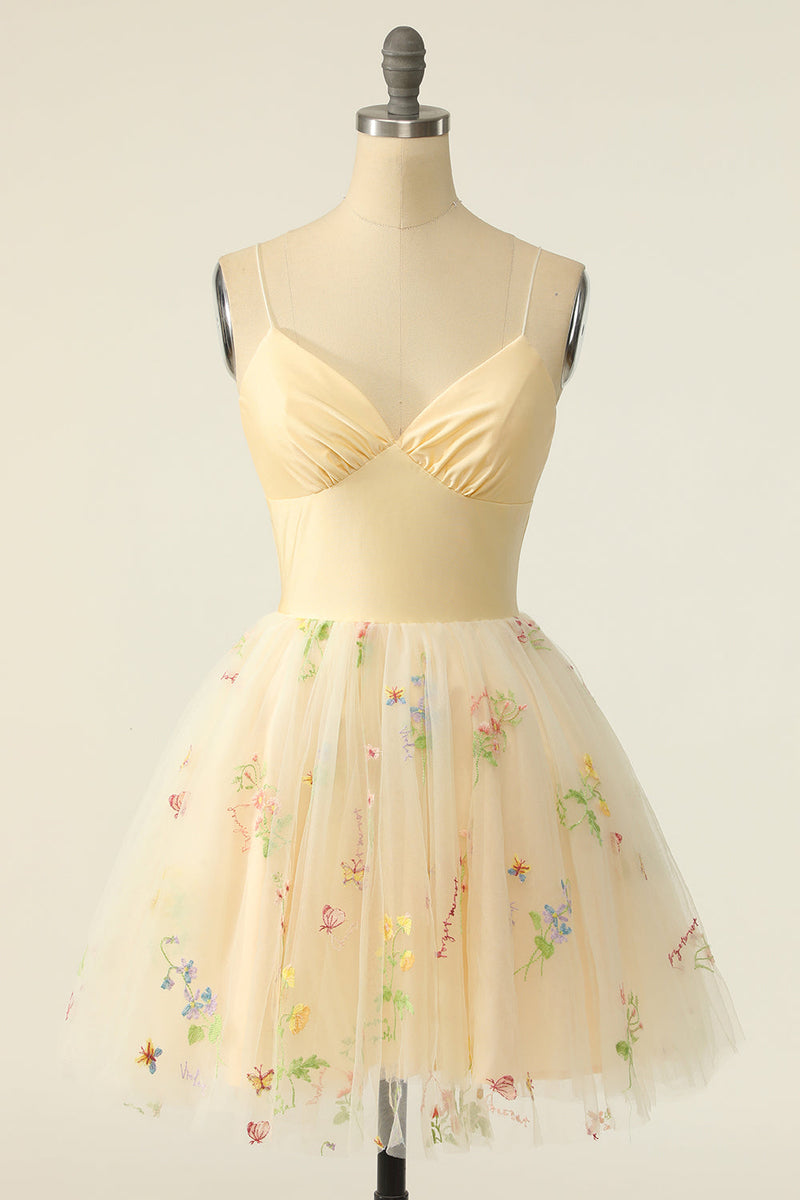 spaghetti straps tulle a line homecoming dress with lace embroidery