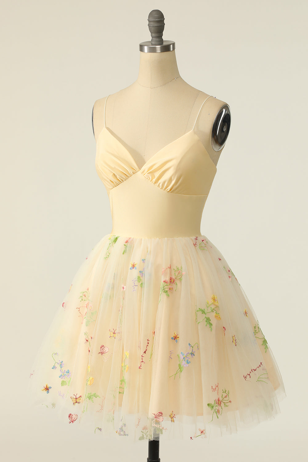 spaghetti straps tulle a line homecoming dress with lace embroidery