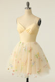 spaghetti straps tulle a line homecoming dress with lace embroidery
