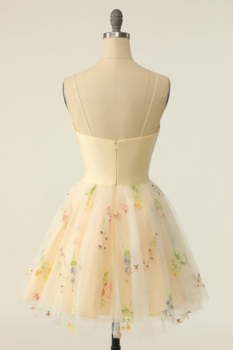 spaghetti straps tulle a line homecoming dress with lace embroidery
