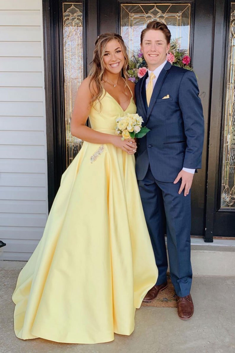 yellow long prom dress with beaded pockets backless evening dress