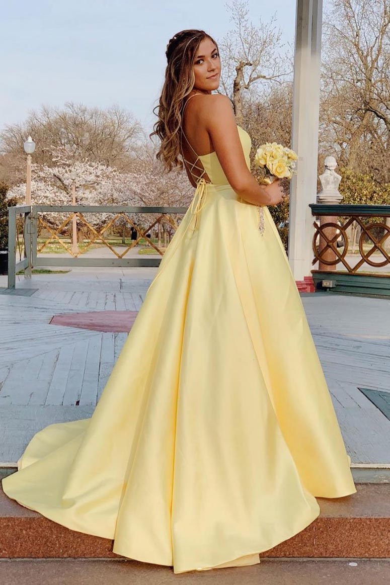 yellow long prom dress with beaded pockets backless evening dress