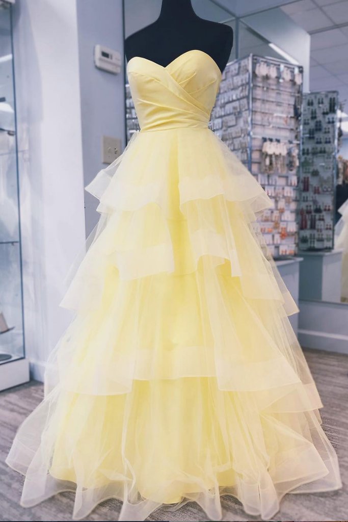 yellow sweetheart tulle long prom dress with layered graduation gown