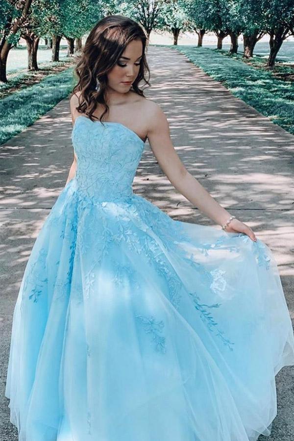 a line sky blue lace appliques strapless long prom dress graduation dress
