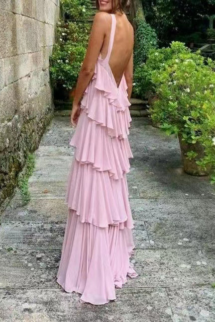 elegant halter chiffon prom dress with layered backless evening gown