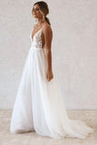 Boho A Line V neck Tulle Spaghetti Straps Beach Wedding Dresses with Lace PW510