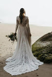 long sleeves lace beach wedding dress a line v neck plus size bridal gown