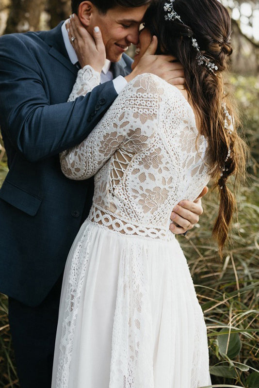 long sleeves lace beach wedding dress a line v neck plus size bridal gown