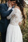 long sleeves lace beach wedding dress a line v neck plus size bridal gown