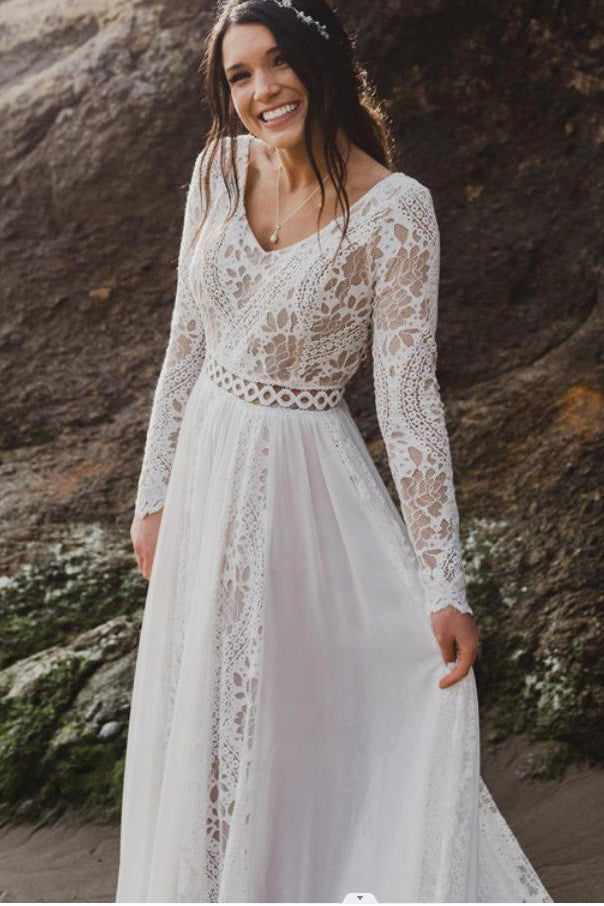 long sleeves lace beach wedding dress a line v neck plus size bridal gown
