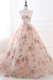 Princess Sleeveless Floral Lace Long Prom Dress, Tulle Quinceanera Dresses GP509