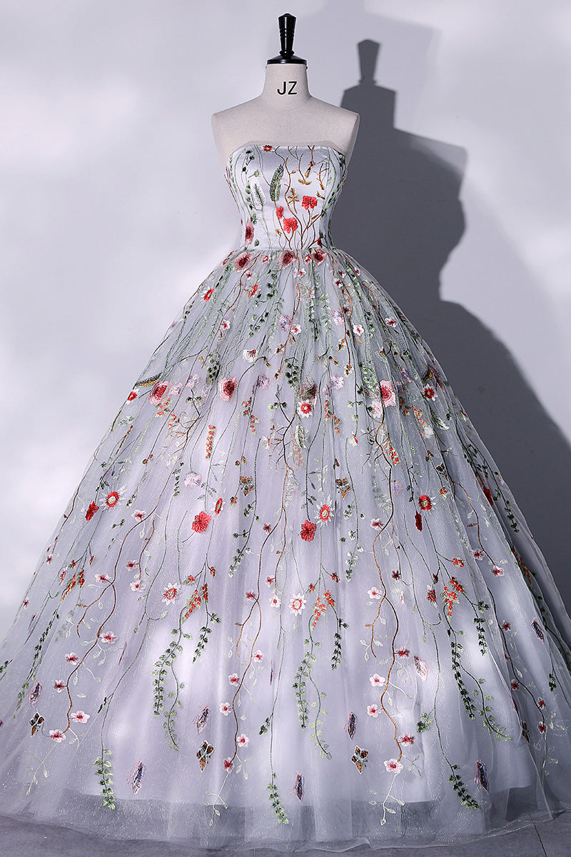 princess silver grey strapless ball gown prom dress lace floral quinceanera dress