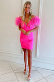 Hot Pink Off-the-Shoulder Cocktail Party Dresses With Feathered GM603