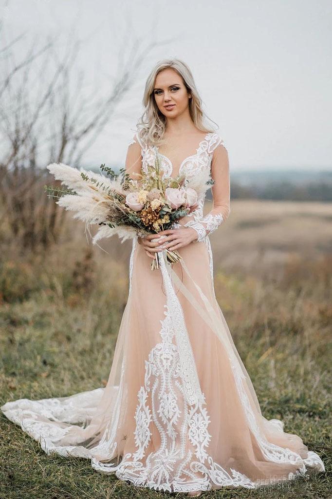 elegant long sleeves boho sheath wedding dress with appliques