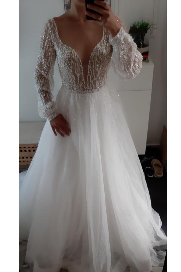 Sparkle Long Sleeve V-neck Sequins Beach Wedding Dresses Backless Bridal Gown PW126