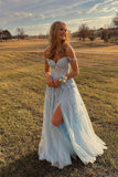 Sky Blue Lace Tulle Long Prom Dresses Off-the-Shoulder A-Line Formal Gown GP536