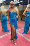 high slit red sequined mermaid long prom dress shiny strapless formal gown