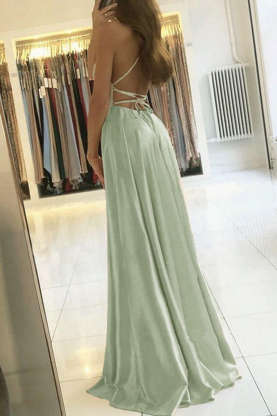 simple a line long prom dresses with slit backless evening dress