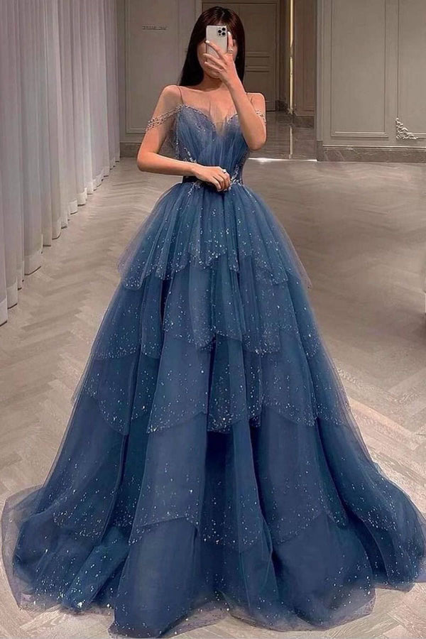 princess sparkly tulle blue beaded prom dress tiered formal gown