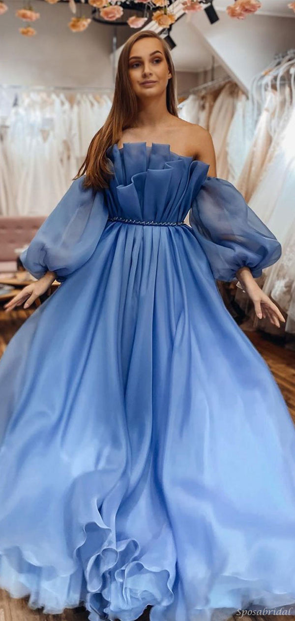 elegant blue off shoulder bubble sleeves a line ruffle long prom dress