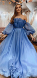 elegant blue off shoulder bubble sleeves a line ruffle long prom dress