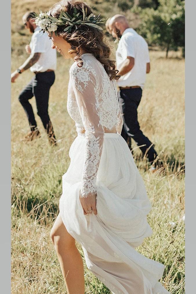 lace long sleeves beach wedding dress boho two piece chiffon bridal gown