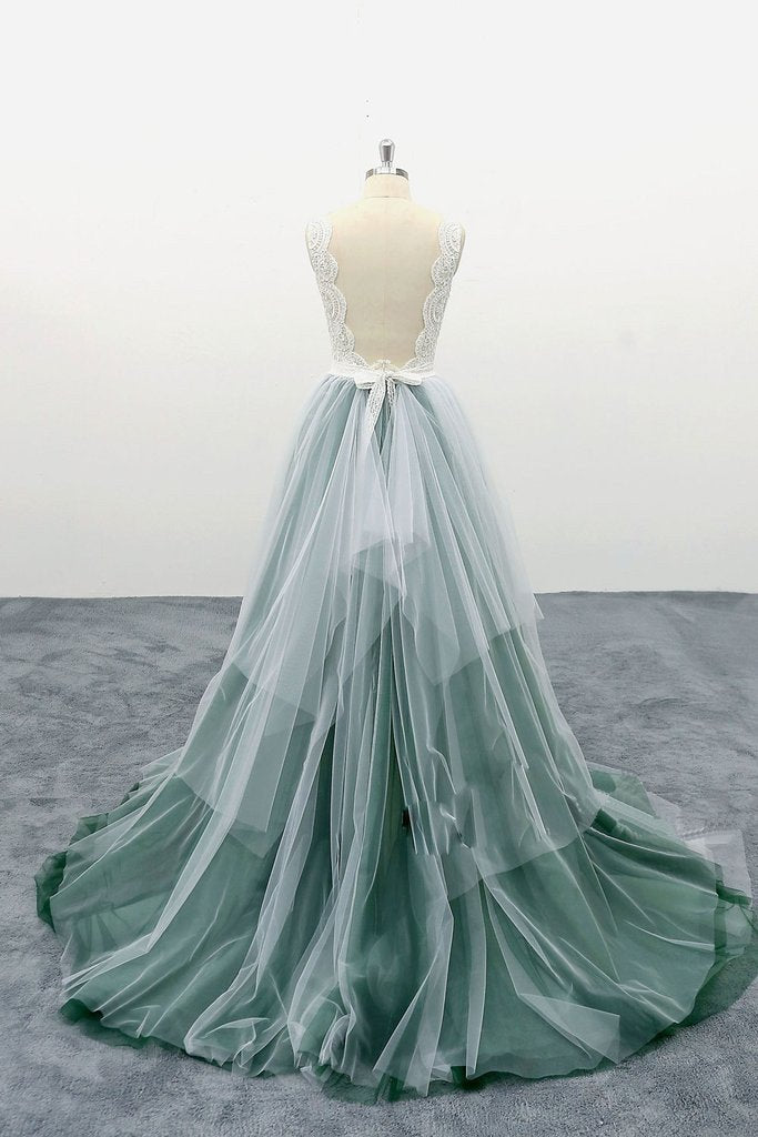 a line tulle long prom dress backless evening dress with lace top