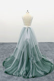 a line tulle long prom dress backless evening dress with lace top
