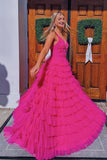 Hot Pink Tulle V Neck A-Line Tulle Tiered Long Prom Dress with Lace Appliques GP565