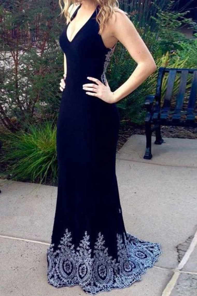 dark navy blue mermaid v neck prom dresses with appliques