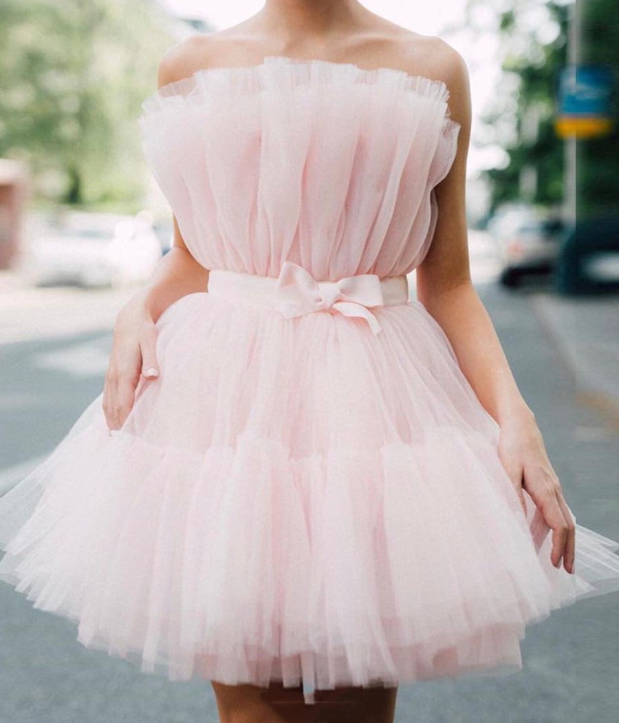 strapless pink tulle short homecoming dress princess sleeveless party dress