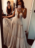 Sheer Neck Tulle A-line Wedding Dress, Appliques Beach Bridal Gown PW467