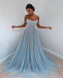 shiny strapless blue tulle long prom dress sparkly blue tulle evening dress