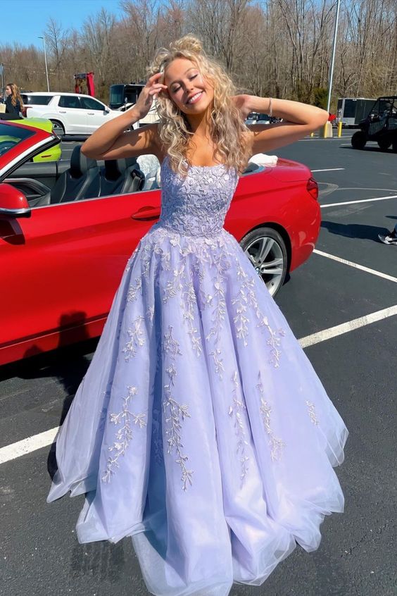 lavender long prom dress with appliques tulle a line graduation dress