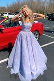 lavender long prom dress with appliques tulle a line graduation dress