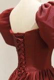 princess burgundy ankle length prom dresses puff sleeves party gown
