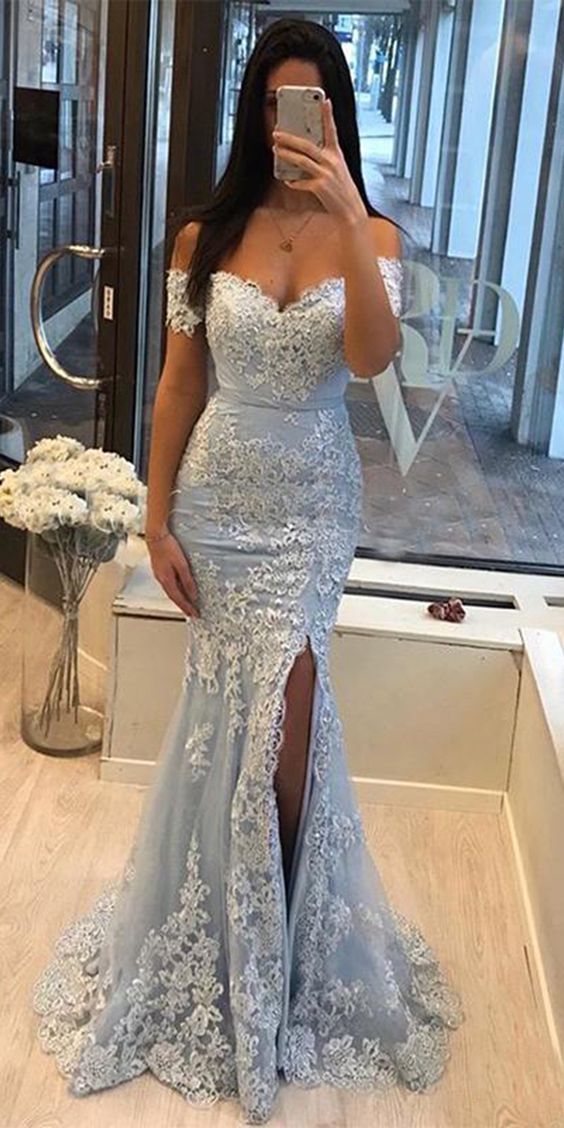 blue off the shoulder split mermaid prom dress with lace appliques