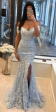 Blue Off the Shoulder Split Mermaid Prom Dress With Lace Appliques GP197