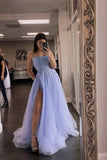 a line spaghetti straps lilac tulle beading long prom dress with slit