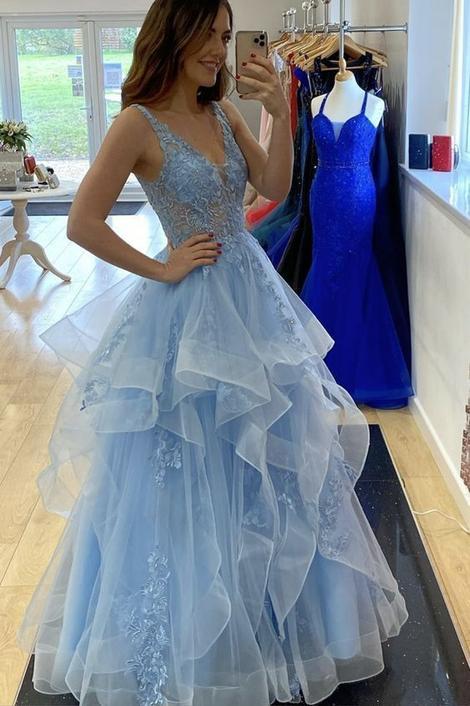 blue lace princess long prom dress tulle tiered sweet 16 dress