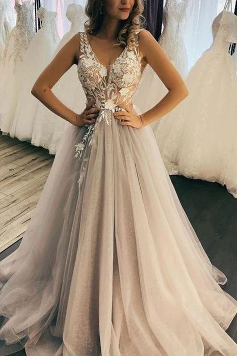 charming v neck tulle a line sleeveless long wedding dresses