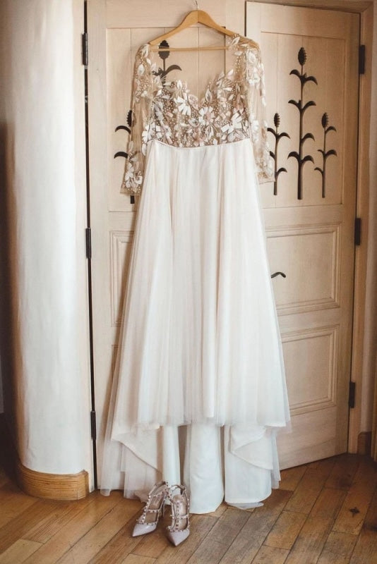 beading appliques long sleeves tulle beach wedding dress unique boho wedding dress