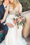 beading appliques long sleeves tulle beach wedding dress unique boho wedding dress