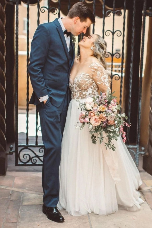 beading appliques long sleeves tulle beach wedding dress unique boho wedding dress