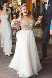 Beading Appliques Long Sleeves Tulle Beach Wedding Dress, Unique Boho Wedding Dress PW535