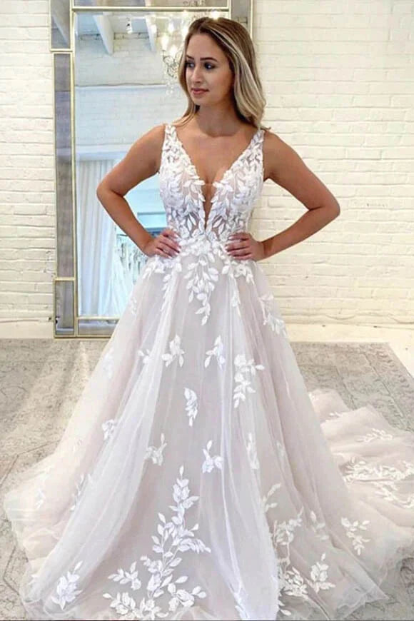 deep v neck romantic lace applique wedding dress
