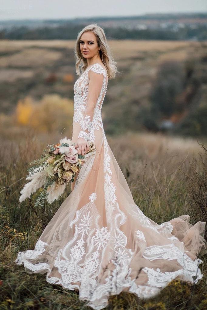 elegant long sleeves boho sheath wedding dress with appliques